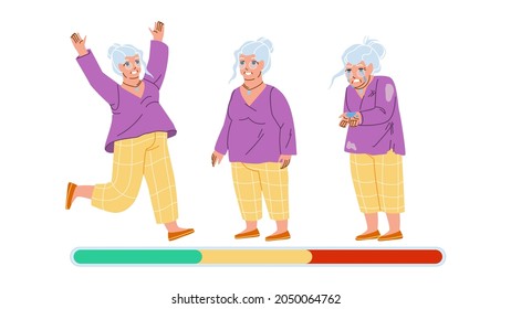 Old Woman Mood Laugh, Smile And Unhappy Vector. Happy Grandmother Mood Jumping, Standing And Smile, Stress And Crying. Character Elderly Lady Negative And Positive Emotion Flat Cartoon Illustration