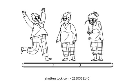 Old Woman Mood Laugh, Smile And Unhappy Black Line Pencil Drawing Vector. Happy Grandmother Mood Jumping, Standing And Smile, Stress And Crying. Character Elderly Lady Negative And Positive Emotion