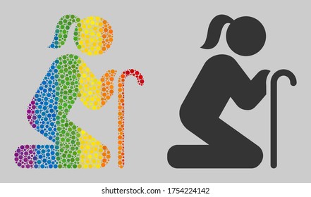 Old woman mosaic icon of circle elements in variable sizes and rainbow colored color tinges. A dotted LGBT-colored Old woman for lesbians, gays, bisexuals, and transgenders.
