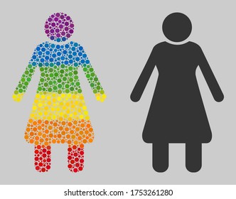 Old woman mosaic icon of round dots in different sizes and rainbow color tones. A dotted LGBT-colored Old woman for lesbians, gays, bisexuals, and transgenders.