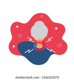 Old woman with neck pain back face. Flat modern trendy style.Vector illustration character icon. Isolated on white background. 