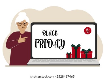 A old woman next to a large laptop, on his screen the text black friday and a lot of gift boxes. Vector flat illustration