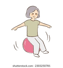 An old woman is on a balance ball.