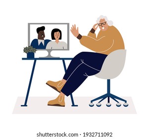 Old Woman On A Family Videocall. Senior Female Character Using  Computer. Technology For Elderly People Concept. Happy Couple Talking To Grandmother Through Internet. Retired Woman Staying Home. 