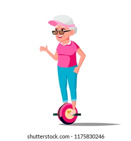 Old Woman On Hoverboard Vector. Riding On Gyro Scooter. One-Wheel Electric Self-Balancing Scooter. Positive Person. Isolated Illustration
