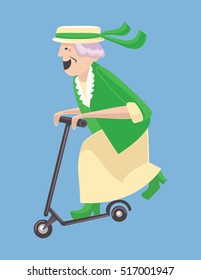 Old Woman On The Kick Scooter. Vector Illustration