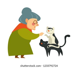 Old woman on retirement knitting sweater and playing with cats vector.
