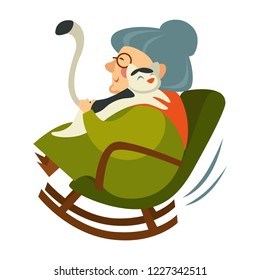 Old woman on retirement sitting in wooden rocking chair vector. Senior lady relaxing with cat, female grandmother hugging kitten. Home atmosphere with domestic fluffy animal calmly purring on lap