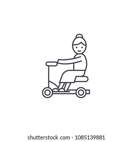 old woman on scooter vector line icon, sign, illustration on background, editable strokes