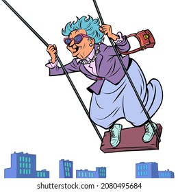a old woman on a swing, laughing and having fun, flying over the city