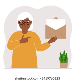 A old woman with an open envelope with a letter. Empty sheet of paper for text template. Mail concept. Sending a message, notification, invitation