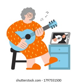 Old woman in orange dress learns to play guitar from video lesson. Elderly online education, active retirement concept. Vector flat illustration isolated on white background. 