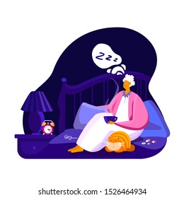 Old Woman Pensioner With Insomnia Or Nightmare Sitting In Bed At Night Bedroom Drinking Pills To Sleep Sleepless Female Sick Blanket Bedding Awake With Dark Tired Sadness Face Vector Illustration