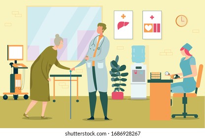 Old Woman Pensioner at Therapist's Appointment. Burnt Granny with Walking Stick in Hand Went into Consulting Room. Specialist Meet Woman and Offer Help. Nurse at Table with Tonometer.