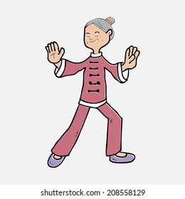 Old Woman Performs Tai Chi Cartoon