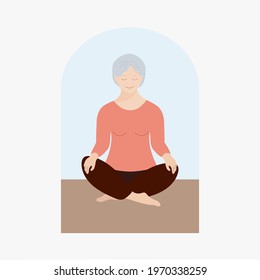 Old woman performs yoga exercises. Meditation, asana, workout at home, healthy lifestyle. Pensioner, cartoon character, flat style. Concept, poster, banner, vector illustration