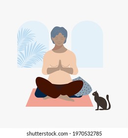 Old woman performs yoga exercises. Meditation, asana, workout at home, healthy lifestyle. Pensioner, cat, cartoon character, flat style. Concept, poster, banner, vector illustration