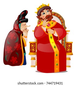 The old woman persuades the king to think. Characters of Russian folklore and folk tales isolated on white background. The gossip queen and snitch. Vector cartoon close-up illustration.