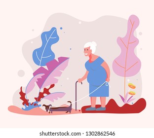 Old woman pet owner plays with her dog on a walk in forest. Flat Art Vector illustration