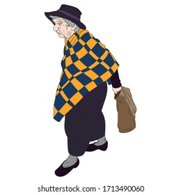 old woman with plaid poncho carries a bag and walks. comic, vector, illustration, purple.