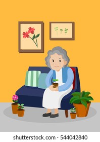 Old woman with plant pot sitting on the sofa in living room