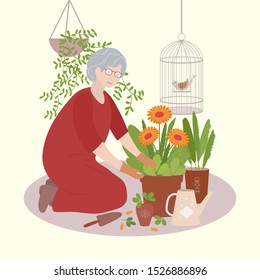 Old woman plants flowers, active old age, floriculture, indoor plants, flower pots, watering can, bird in  cage, concept, cute drawing, flat style, vector illustration