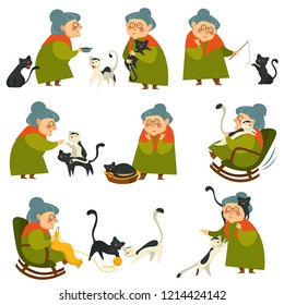 Old woman playing with cat pet, elderly lady set