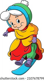 The old woman is playing the ice boarding and using the jacket of illustration