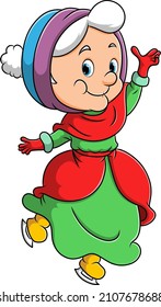 The old woman is playing the ice skating and dancing of illustration