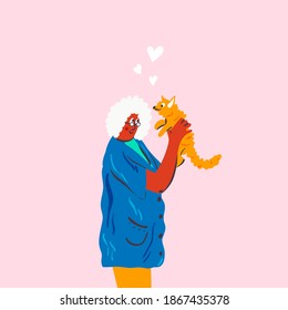 Old woman playing with lovely dog cartoon illustration. Cute domestic animal friend hand drawn doodle banner design. Veterinary concept art.