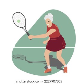 An old woman plays tennis, an old man does sports with a racket in sports clothes. Useful active recreation, flat vector illustration on white background.