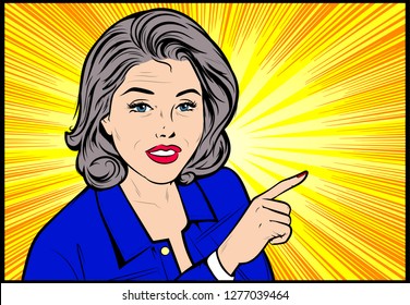 Old woman pointing up with her finger to something . Vintage advertising poster. Vector Illustration in retro Comic Book Pop Art style