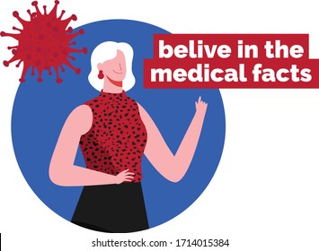 Old Woman Pointing Up To A Sign Written Believe In The Medical Facts. Covid19 Corona Virus. Stop The Fake News. Flat Vector Illustration. Self Isolation, Stay Home. Myth Bust. Stay Safe.