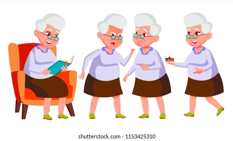 Old Woman Poses Set Vector. Elderly People. Senior Person. Aged. Beautiful Retiree. Life. Card, Advertisement, Greeting Design. Isolated Cartoon Illustration
