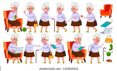 Old Woman Poses Set Vector. Elderly People. Senior Person. Aged. Friendly Grandparent. Banner, Flyer, Brochure Design. Isolated Cartoon Illustration