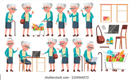 Old Woman Poses Set Vector. Elderly People. Senior Person. Aged. Cute Retiree. Activity. Advertisement, Greeting, Announcement Design. Isolated Cartoon Illustration