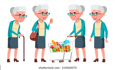 Old Woman Poses Set Vector. Elderly People. Senior Person. Aged. Positive Pensioner. Advertising, Placard, Print Design. Isolated Cartoon Illustration