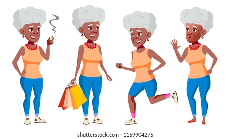 Old Woman Poses Set Vector. Black. Afro American. Elderly People. Senior Person. Aged. Active Grandparent. Joy. Web, Brochure, Poster Design. Isolated Cartoon Illustration
