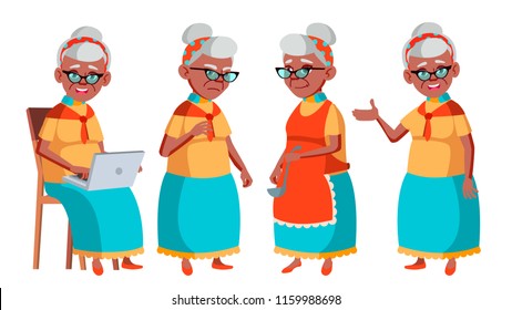 Old Woman Poses Set Vector. Black. Afro American. Elderly People. Senior Person. Aged. Caucasian Retiree. Smile. Advertisement, Greeting, Announcement Design. Isolated Cartoon Illustration
