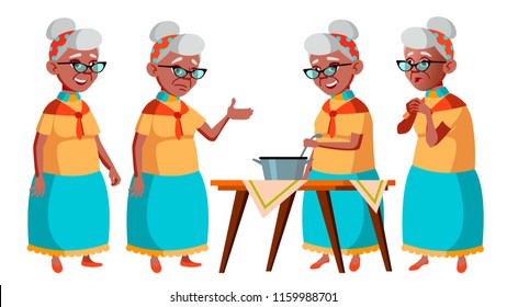 Old Woman Poses Set Vector. Black. Afro American. Elderly People. Senior Person. Aged. Friendly Grandparent. Web, Poster, Booklet Design. Isolated Cartoon Illustration