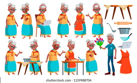 Old Woman Poses Set Vector. Black. Afro American. Elderly People. Senior Person. Aged. Active Grandparent. Joy. Presentation, Print, Invitation Design. Isolated Cartoon Illustration
