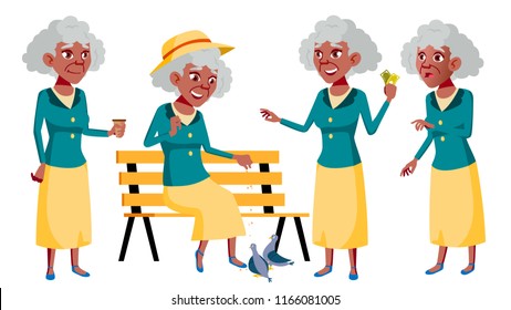 Old Woman Poses Set Vector. Black. Afro American. Elderly People. Senior Person. Aged. Funny Pensioner. Leisure. Postcard, Announcement, Cover Design. Isolated Cartoon Illustration