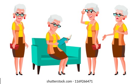 Old Woman Poses Set Vector. Elderly People. Senior Person. Aged. Cute Retiree. Activity. Advertisement, Greeting, Announcement Design. Isolated Cartoon Illustration
