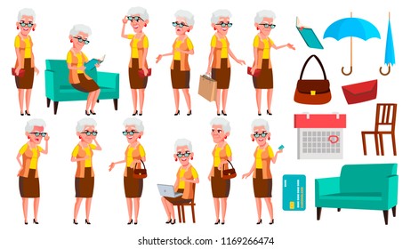 Old Woman Poses Set Vector. Elderly People. Senior Person. Aged. Comic Pensioner. Lifestyle. Postcard, Cover, Placard Design. Isolated Cartoon Illustration
