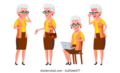 Old Woman Poses Set Vector. Elderly People. Senior Person. Aged. Positive Pensioner. Advertising, Placard, Print Design. Isolated Cartoon Illustration
