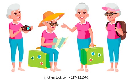 Old Woman Poses Set Vector. Elderly People. Senior Person. Aged. Tourist, Tourism. Caucasian Retiree. Smile. Advertisement, Greeting, Announcement Design. Isolated Cartoon Illustration