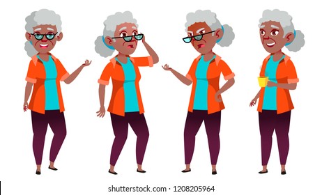 Old Woman Poses Set Vector. Black. Afro American. Elderly People. Senior Person. Aged. Friendly Grandparent. Banner, Flyer, Brochure Design. Isolated Cartoon Illustration
