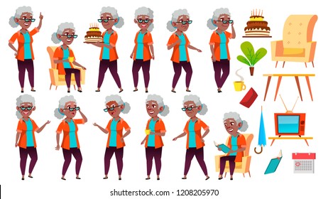 Old Woman Poses Set Vector. Black. Afro American. Elderly People. Senior Person. Aged. Positive Pensioner. Advertising, Placard, Print Design. Isolated Cartoon Illustration
