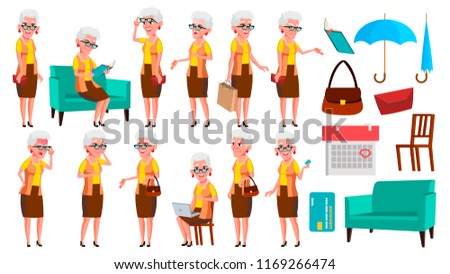 Old Woman Poses Set Vector. Elderly People. Senior Person. Aged. Comic Pensioner. Lifestyle. Postcard, Cover, Placard Design. Isolated Cartoon Illustration
