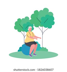 old woman practicing exercise with ball plastic outdoor, sport exercise concept vector illustration design
